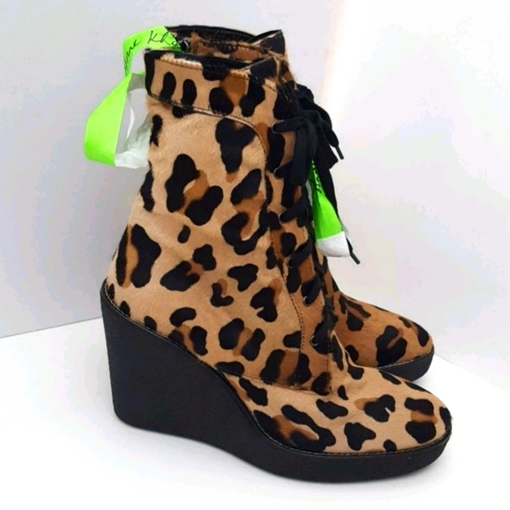 Aquatalia Viviann calf hair Leopard print leather wedge boot 8.5